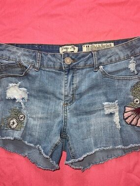Indigo Rein Blue Distressed Denim Shorts with Floral Embroidery